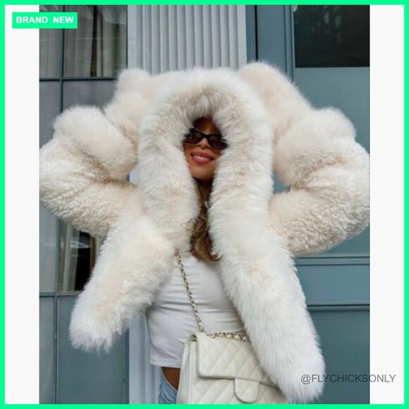 Faux Fur Hooded Cropped Jacket with Pockets Winter Outerwear - Picture 5 of 7